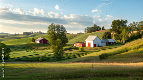 Serene countryside landscape with red barns and rolling green hills