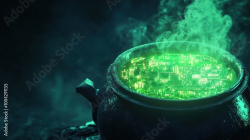 Ancient cauldron radiating green glowing circuits. photo