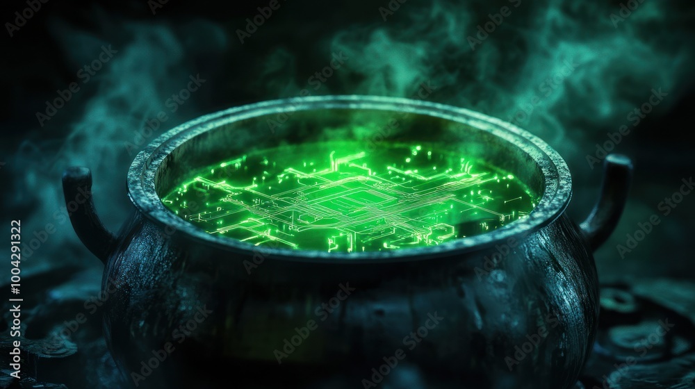Mystical cauldron with green illuminated circuits, fantasy touch