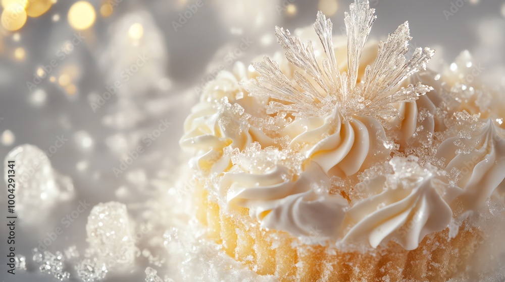 Delicious cupcake decorated with creamy frosting and sparkling snowflakes, perfect for festive celebrations and winter treats.