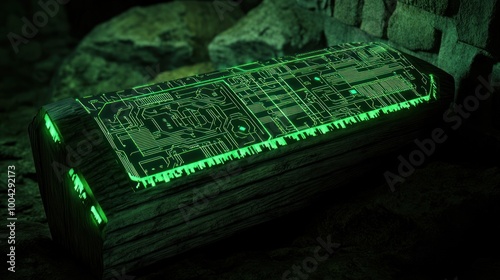 Wooden coffin adorned with vibrant green circuits photo