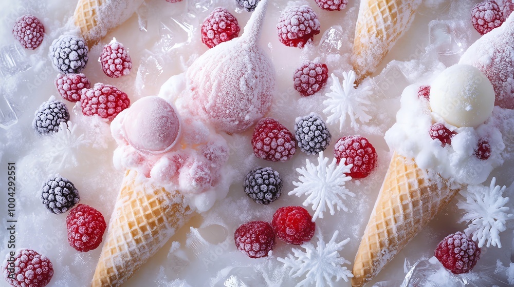 Colorful ice cream cones topped with berries, set against a snowy backdrop, creating a delightful winter treat scene. Colorful ice cream cones topped with berries, set against a snowy backdrop, creating a delightful winter treat scene.