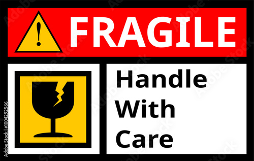 sticker fragile handle with care, red fragile warning label, fragile label with broken glass symbol, vector asset