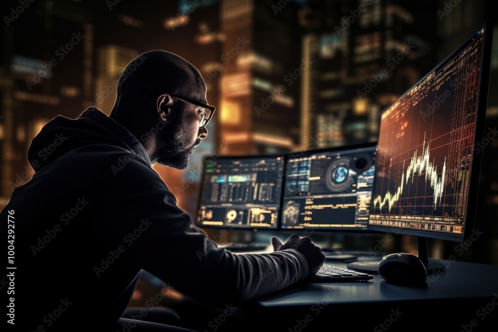 Man trading stocks of bitcoin technology computer screen. Man trading stocks of bitcoin technology computer screen.
