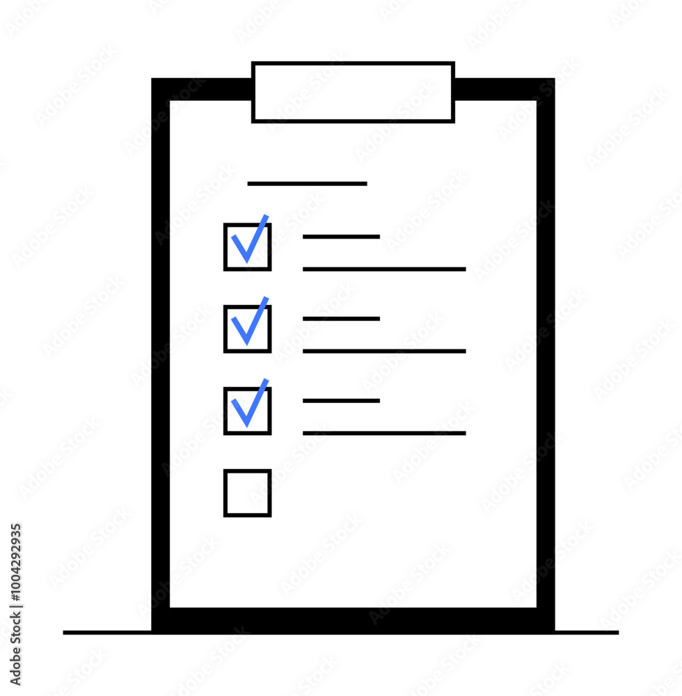 A clipboard with a checklist containing some items checked off. Ideal for productivity, organization, task management, to-do lists, project planning. Simple minimal style A clipboard with a checklist containing some items checked off. Ideal for productivity, organization, task management, to-do lists, project planning. Simple minimal style