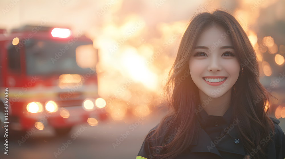 A confident firefighter smiles proudly in front of a fire truck, showcasing bravery and dedication in emergency response. A confident firefighter smiles proudly in front of a fire truck, showcasing bravery and dedication in emergency response.