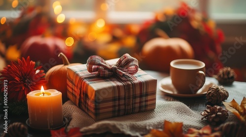 Cozy Autumn Ambiance with Gift, Candle, and Hot Drink