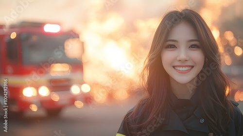 A confident firefighter smiles proudly in front of a fire truck, showcasing bravery and dedication in emergency response. photo