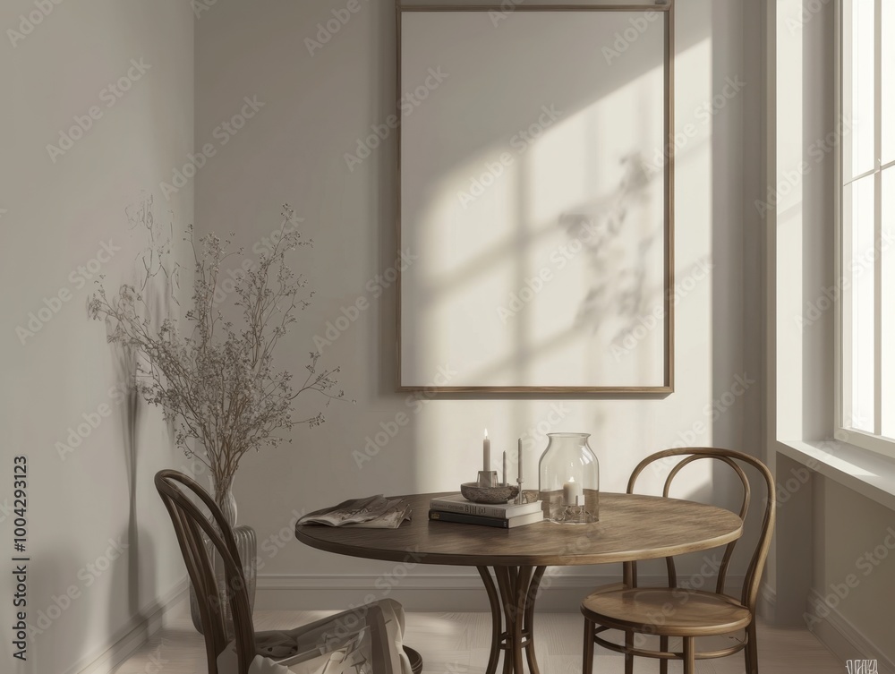 Fototapeta premium A table with two chairs and a vase of flowers