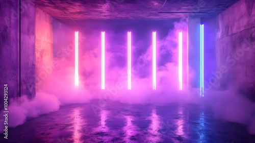 Neon Lights and Smoke in an Abandoned Room 3D Illustration