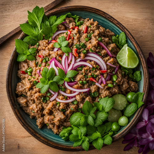 Laab, a spicy and flavorful beef salad from THAI CUISINE. photo