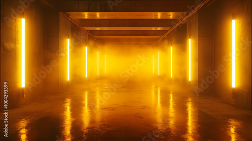 3D Rendered Futuristic Corridor with Neon Lights and Fog