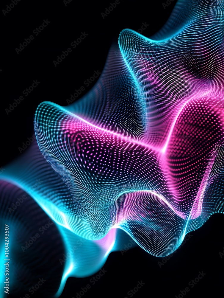 Abstract wave pattern in vibrant pink and blue against a black background, creating a dynamic and modern visual effect. A minimalist poster in metallic and chrome gradient style. Abstract wave pattern in vibrant pink and blue against a black background, creating a dynamic and modern visual effect. A minimalist poster in metallic and chrome gradient style.