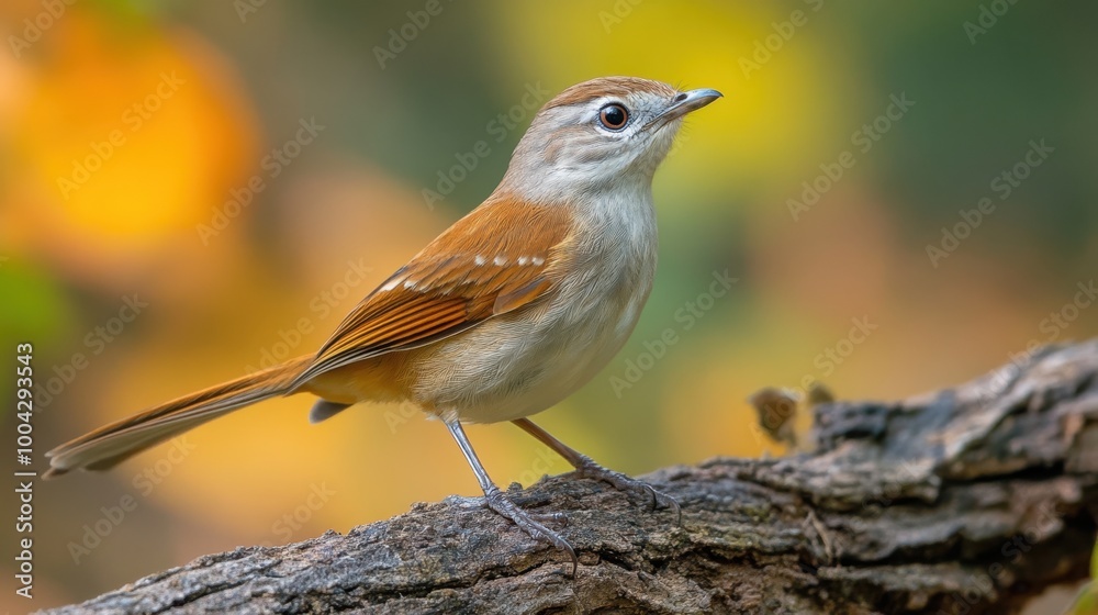 Fototapeta premium Small bird perched on a log in a forest setting