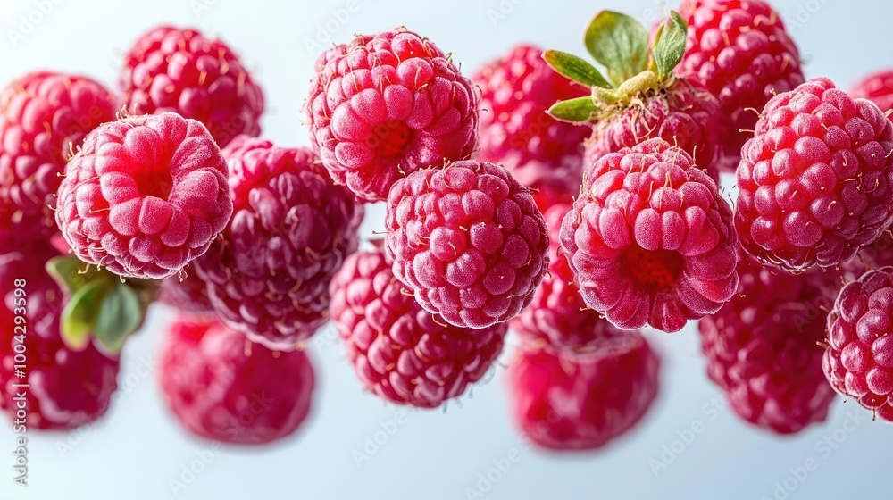 raspberries caught midair bursting with freshness against a plain white background highlighting their vibrant color and juicy texture in an appetizing display raspberries caught midair bursting with freshness against a plain white background highlighting their vibrant color and juicy texture in an appetizing display