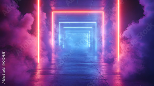 Neon Glowing Lights in a Smoke Filled Corridor - 3D Illustration