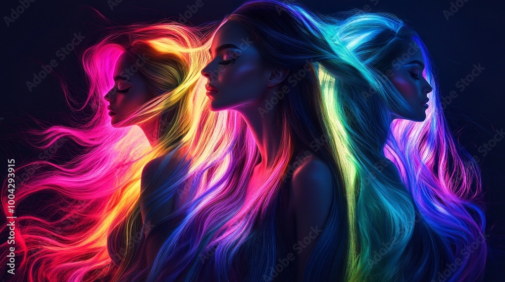 Three women with long hair in different colors Three women with long hair in different colors