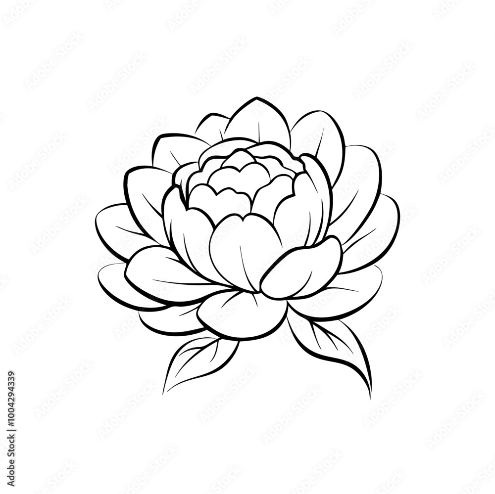 Lotus flower in black and white line art with detailed petals Lotus flower in black and white line art with detailed petals