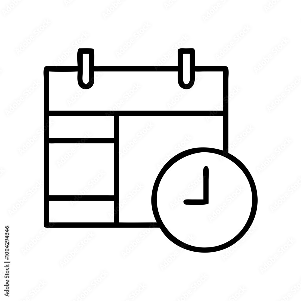 Calendar and clock icon in black and white line art Calendar and clock icon in black and white line art