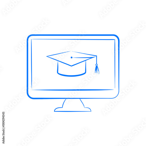 Online learning icon with graduation cap on monitor, blue vector