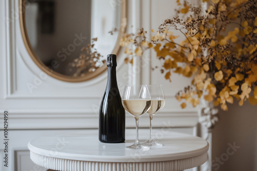 Sparkling wine in bottle and glasses on a table in a living room with modern design photo