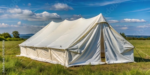 Military tent made of white fabric in a field with a tilted angle photo