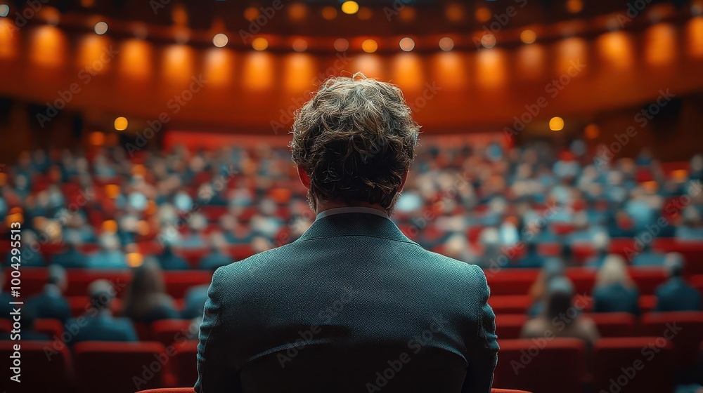 rear view of an engaged audience in a conference hall captivated by a speaker presenting on stage illustrating the vibrant energy and exchange of ideas at a business event rear view of an engaged audience in a conference hall captivated by a speaker presenting on stage illustrating the vibrant energy and exchange of ideas at a business event