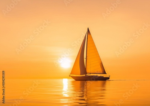 Golden Hour Light Illuminates Boat Sails in Tranquil Bay at Sunset Perfect for Sailing Adventures