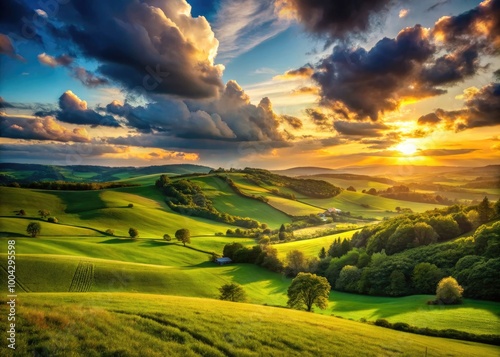 Green Meadows and Rolling Hills Beneath a Beautiful Evening Sky Hiding the Setting Sun's Glow