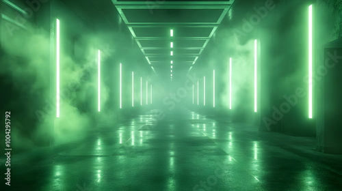 Green Neon Lights in a Foggy Hallway 3D Illustration