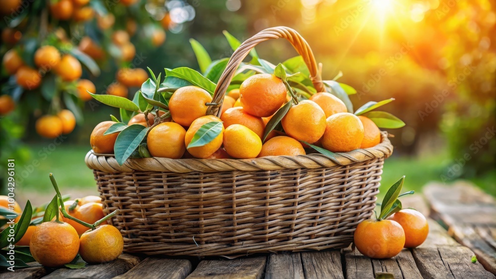 Freshly picked mandarines citrus in rustic basket directly from tree on sunny day Freshly picked mandarines citrus in rustic basket directly from tree on sunny day