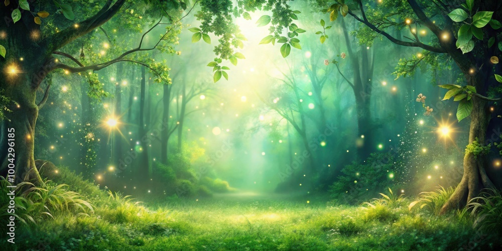 Fototapeta premium Enchanted Forest with Sparkling Green Leaves and Magical Ethereal Atmosphere