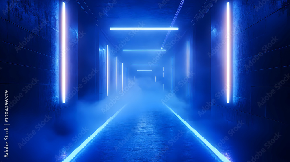 3D Rendering of a Futuristic Hallway with Blue Neon Lights