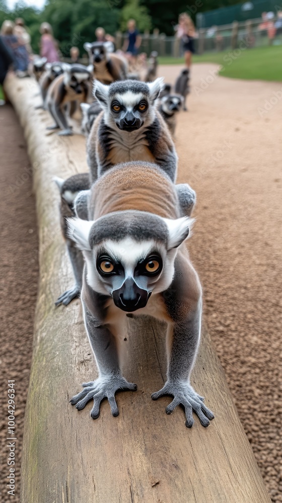 Obraz premium A group of playful ring-tailed lemurs enjoys climbing over tree trunks and wooden bars, eagerly reaching for food in a vibrant garden setting