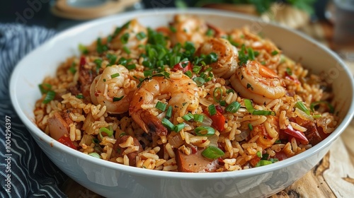 Savory Stir Fried Shrimp and Vegetable Rice Dish in White Bowl on Wooden Table