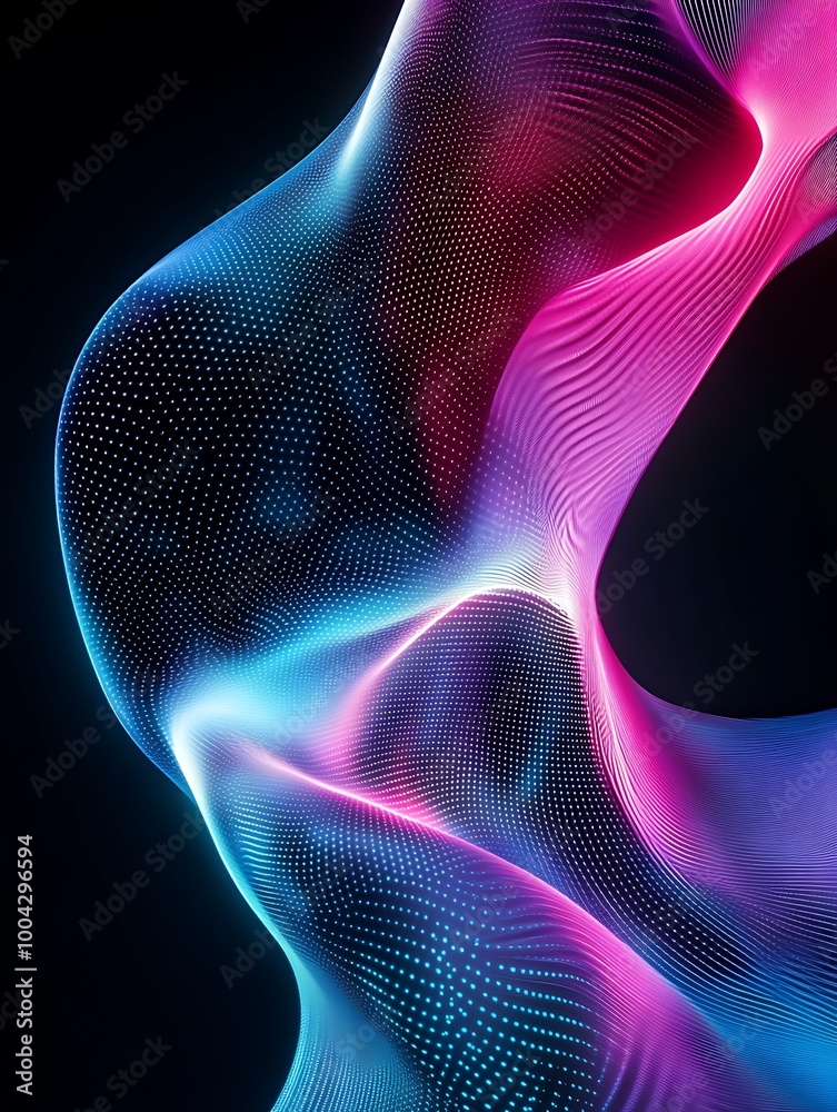 Naklejka premium Abstract waves of vibrant pink and blue light create a dynamic visual effect against a dark background. A minimalist poster in metallic and chrome gradient style.