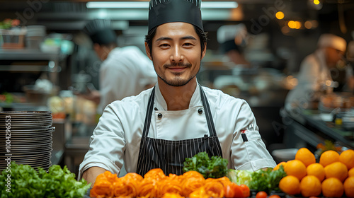 A professional chef happily presents vibrant vegetables and fresh fruits in a bustling kitchen setting. photo