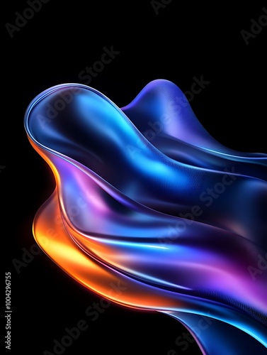 Abstract waves with vibrant blue and orange hues flowing gracefully against a black background. A minimalist poster in metallic and chrome gradient style. photo