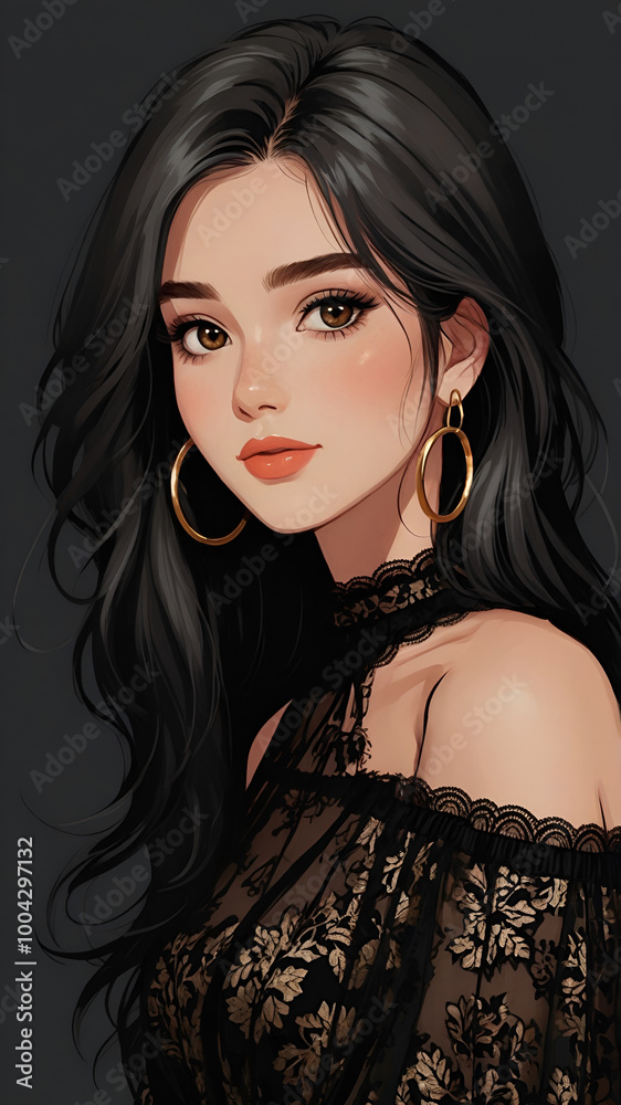 illustration of a young and beautiful woman, Dress her in A woman in a black lace dress with a high neckline, thigh-high boots, dark makeup, and multiple silver rings illustration of a young and beautiful woman, Dress her in A woman in a black lace dress with a high neckline, thigh-high boots, dark makeup, and multiple silver rings