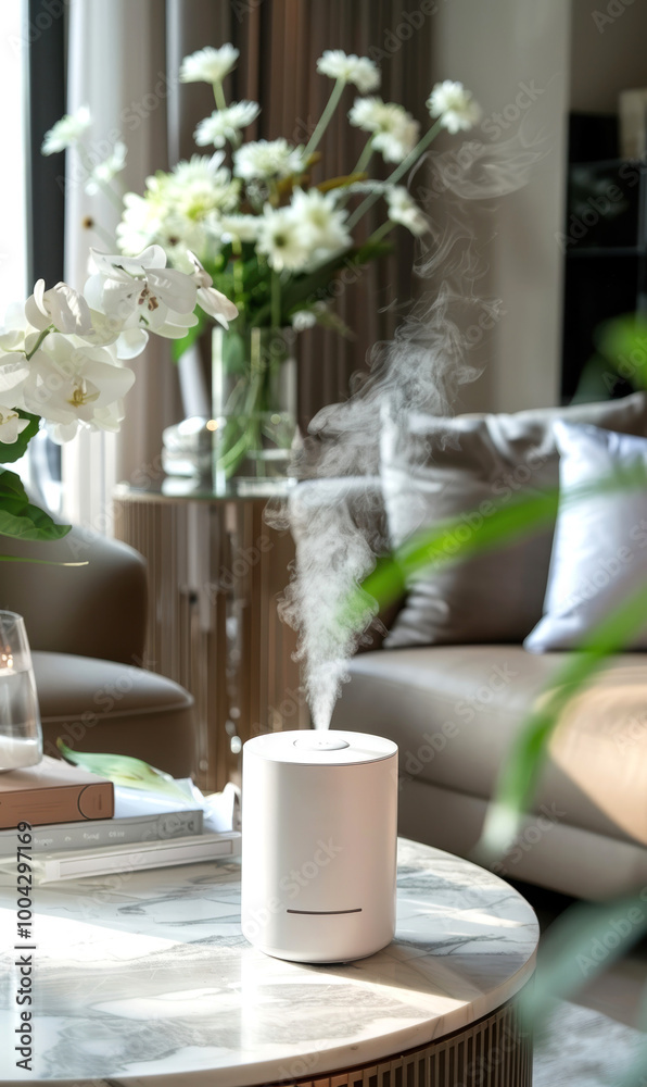 A modern aroma diffuser emitting steam in a stylish living room with fresh flowers, creating a calming atmosphere. A modern aroma diffuser emitting steam in a stylish living room with fresh flowers, creating a calming atmosphere.