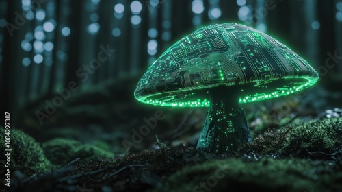 Luminous tech mushroom on forest ground, night scene photo