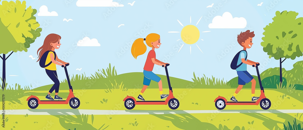 Kids riding scooters in a sunny park, enjoying outdoor fun and adventure on a bright day. Kids riding scooters in a sunny park, enjoying outdoor fun and adventure on a bright day.