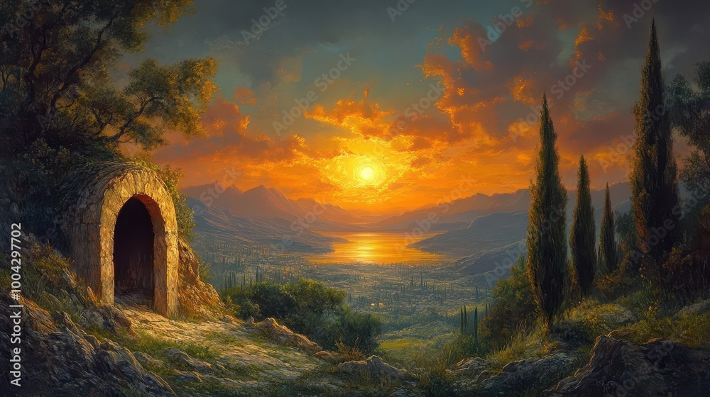 resurrection of jesus at the empty tomb during a breathtaking sunrise capturing the moment of divine rebirth with soft pastel colors and a serene landscape evoking feelings of hope and renewal resurrection of jesus at the empty tomb during a breathtaking sunrise capturing the moment of divine rebirth with soft pastel colors and a serene landscape evoking feelings of hope and renewal