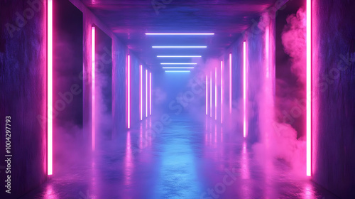 Neon Lights Corridor 3D Illustration