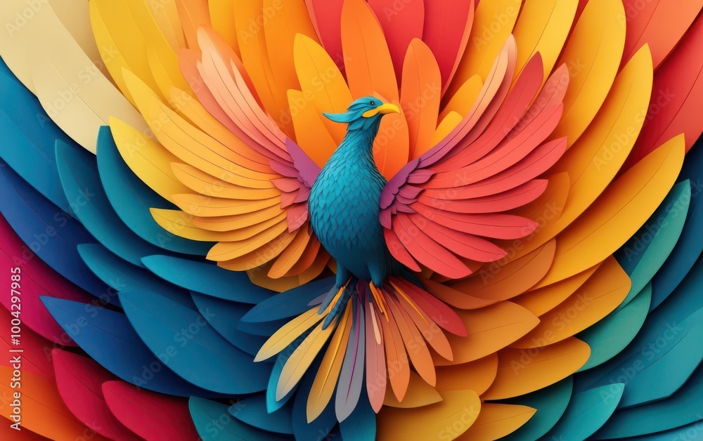 Obraz premium A multicolored phoenix rising from a sea of vibrant colors, symbolizing rebirth and the power of creative imagination