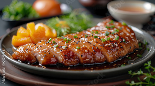 Elegant plate of Peking Duck with Mandarin pancakes, artfully arranged with garnishes, set in an upscale restaurant photo