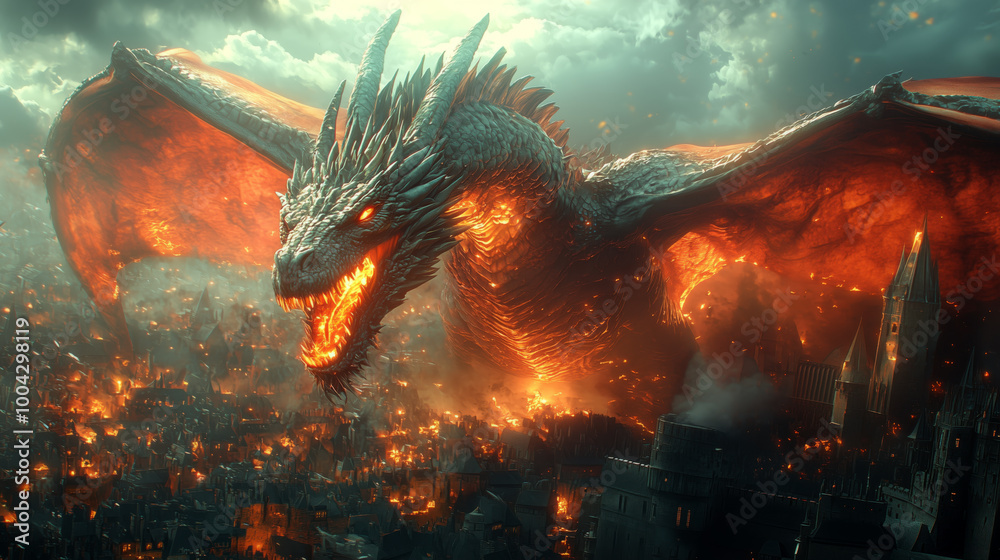 Majestic Dragon Unleashing Fire Over Medieval City in Epic Battle Scene Majestic Dragon Unleashing Fire Over Medieval City in Epic Battle Scene