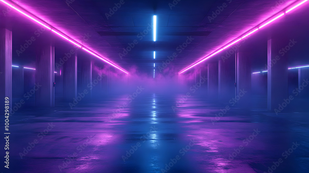 Neon Lights in Foggy Hallway - 3D Illustration Neon Lights in Foggy Hallway - 3D Illustration