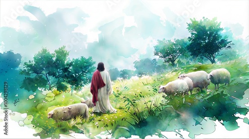 Watercolor style, Jesus Christ in a pastoral landscape, Surrounded by sheep and lush greenery