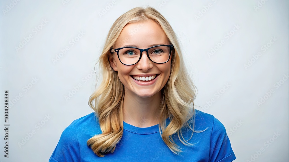 Fototapeta premium Happy Young Woman with Blonde Hair and Glasses Smiling in Blue T-Shirt Against White Background